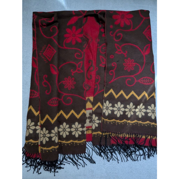 Unbranded Accessories - Womens Unbranded Brown Red Floral Fringe Poncho Reversible One Size Western Soft